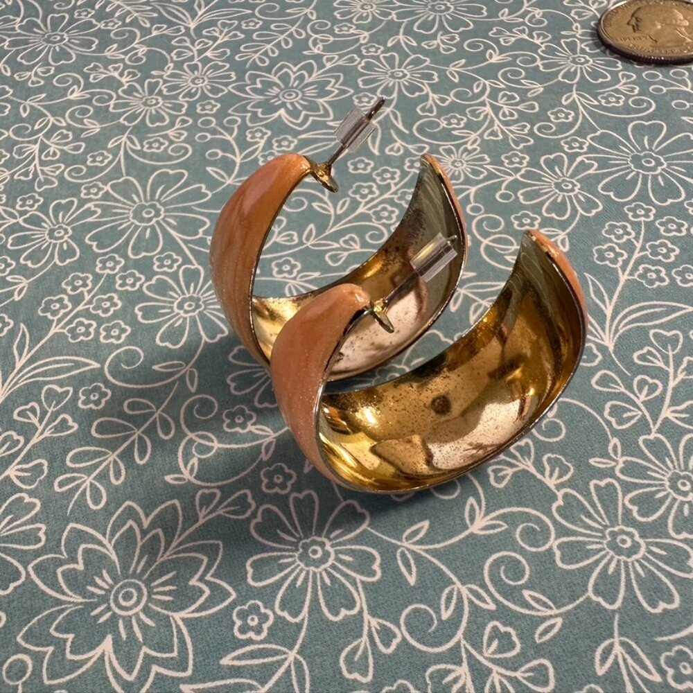 SALE - Retro - Wide, Open Hoop, Post Earrings - Gold Tone Hoops & Enamel Finish - Picture 7 of 10